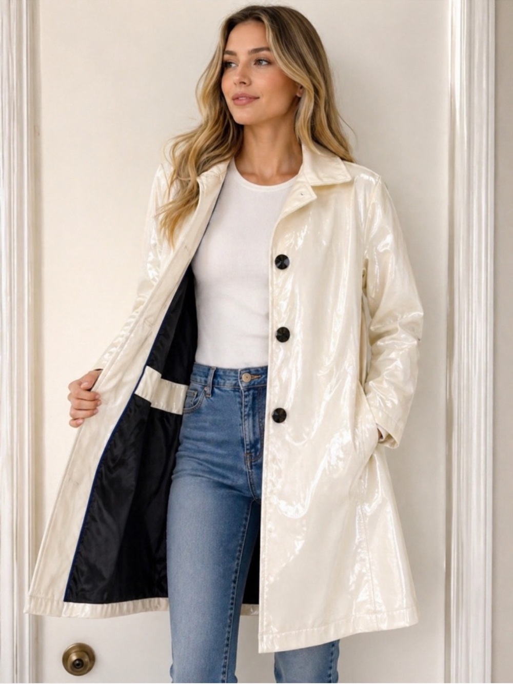 Jane Post Ivory Princess Slicker Raincoat Glossy Coat Small NWT